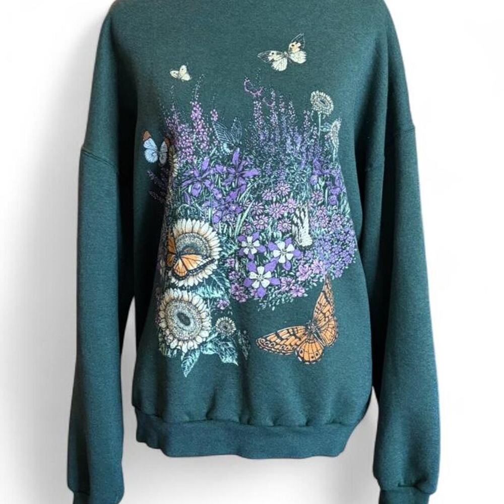 90s Vintage Oversized Forest Green Floral Sweatshirt – Cottagecore Butterfly XXL